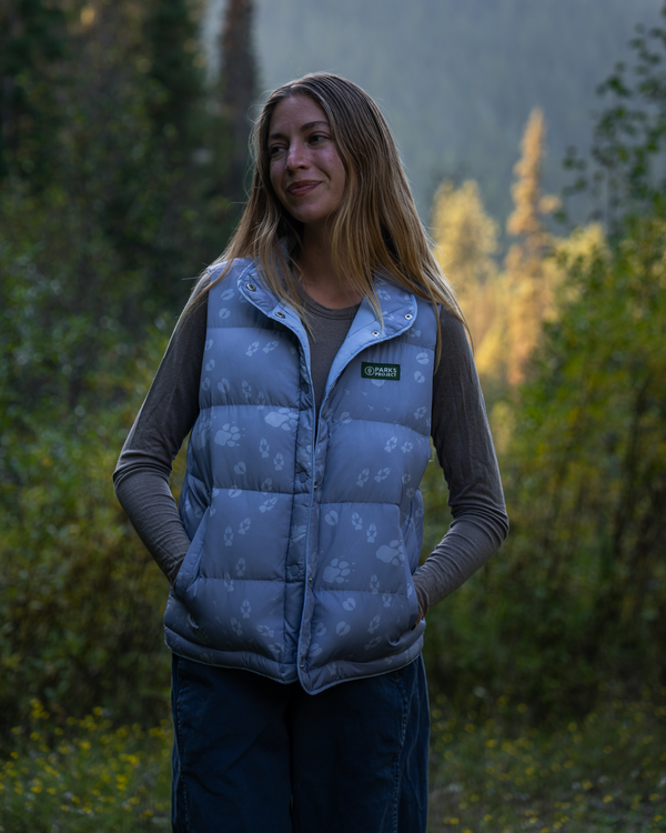Shop Women's Leave Only Tracks Puffer Vest Inspired by Grand Teton | silver-bullet