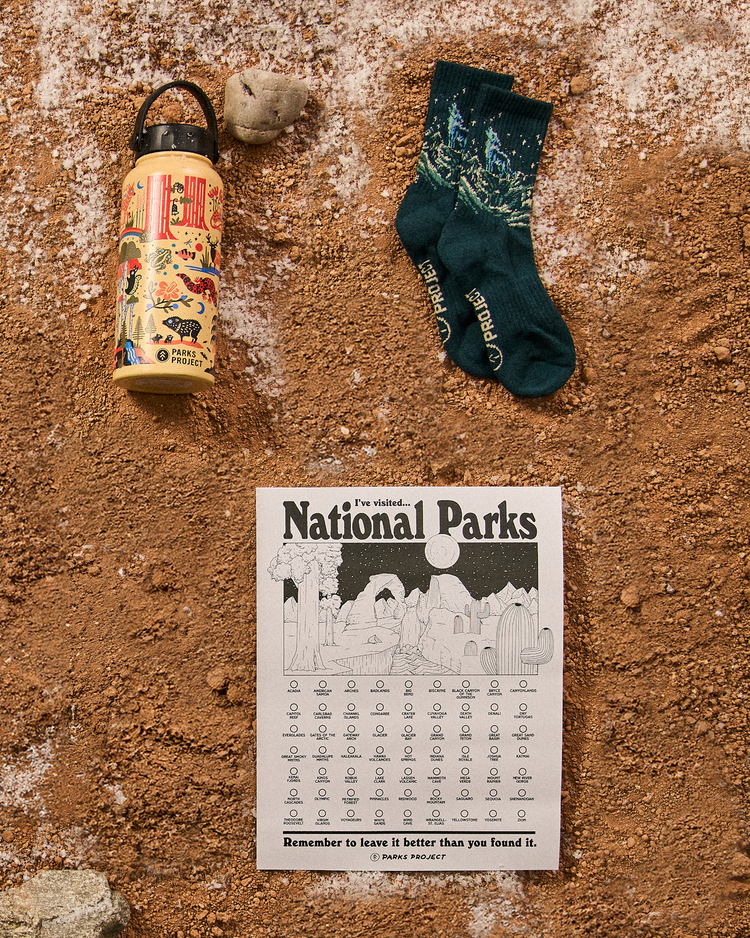 bundle-kit: Howling Wolf Trail Sock | National Parks Founded 32oz. Insulated Water Bottle | Adventure Responsibly National Parks Fill In Poster