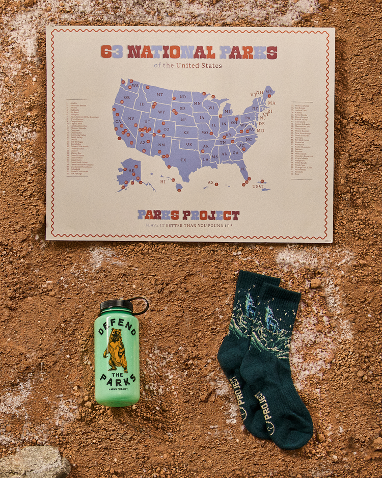 bundle-kit: Howling Wolf Trail Sock | Defend the Parks Water Bottle | National Parks Mapped Green Acres Poster