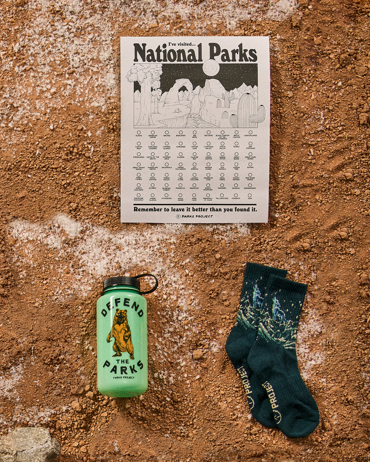 bundle-kit: Howling Wolf Trail Sock | Defend the Parks Water Bottle | Adventure Responsibly National Parks Fill In Poster