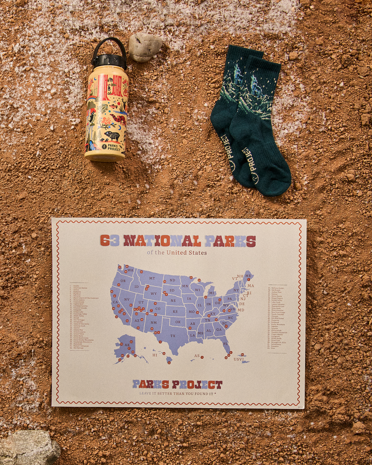 bundle-kit: Howling Wolf Trail Sock | National Parks Founded 32oz. Insulated Water Bottle | National Parks Mapped Green Acres Poster