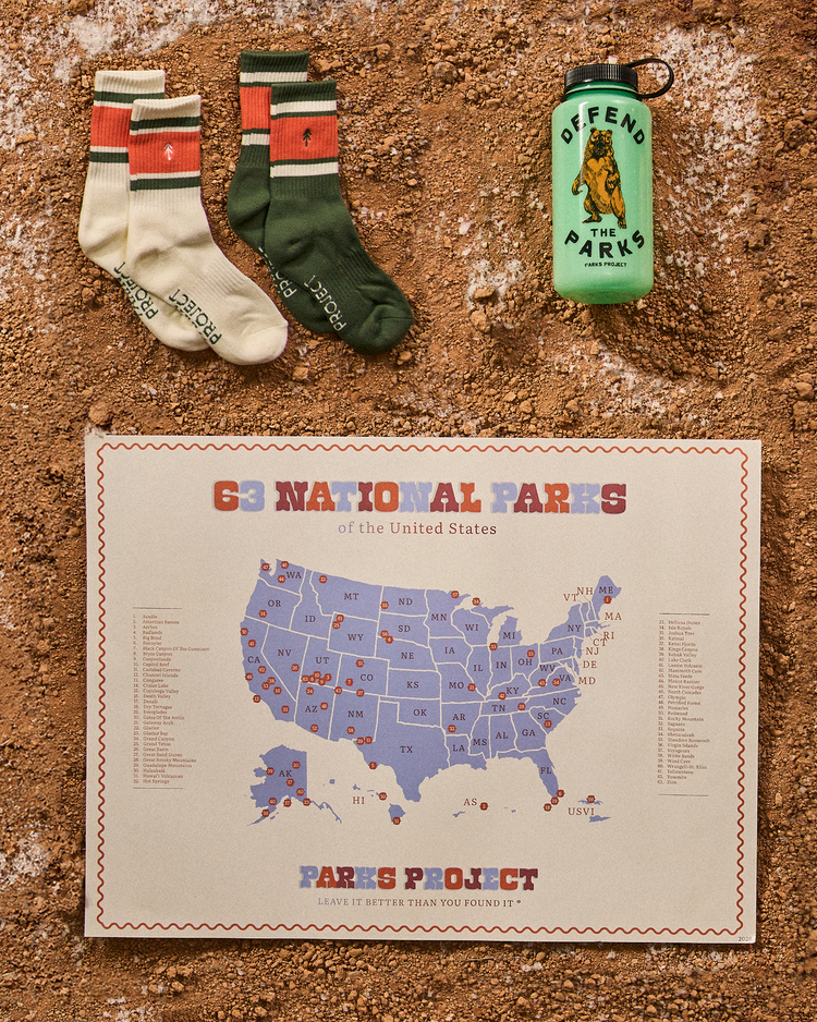 bundle-kit: Trail Crew Tube Sock 2 Pack | Defend the Parks Water Bottle | National Parks Mapped Green Acres Poster