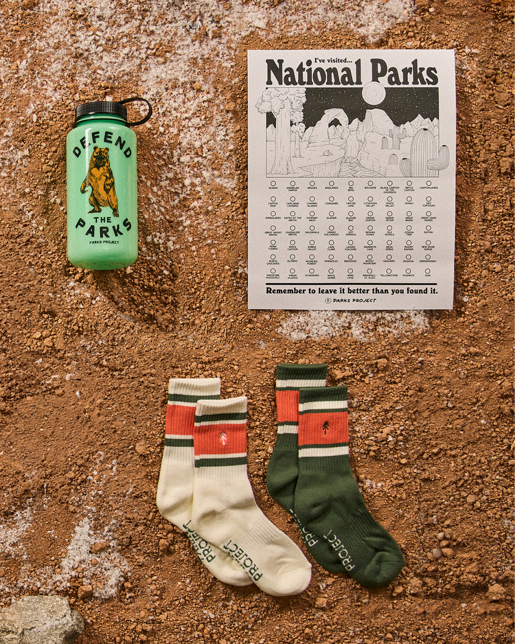 bundle-kit: Trail Crew Tube Sock 2 Pack | Defend the Parks Water Bottle | Adventure Responsibly National Parks Fill In Poster