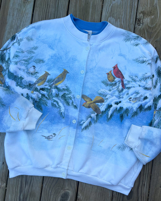 Vintage All Over Print Snowy Forest Button Up Women's Sweatshirt