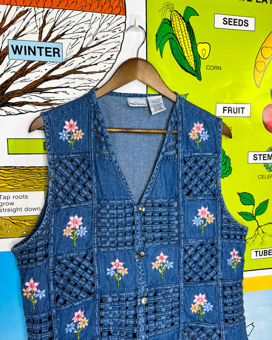 Vintage Denim Stitched Flower Vest