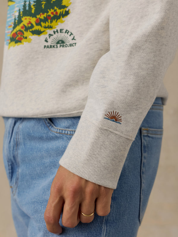 Shop Faherty x Parks Project Rocky Mtns High Standard Fleece Crewneck Inspired by National Parks | antique-ivory-heather