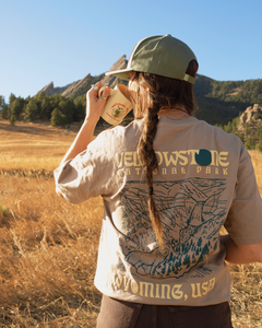 shop yellowstone puff print pocket tee inspired by yellowstone np | mushroom-grey