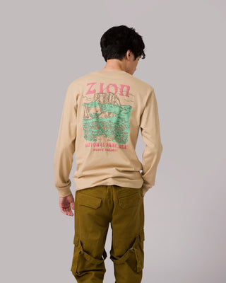 Shop Zion Puff Print Long Sleeve Tee Inspired By Zion National Park | khaki